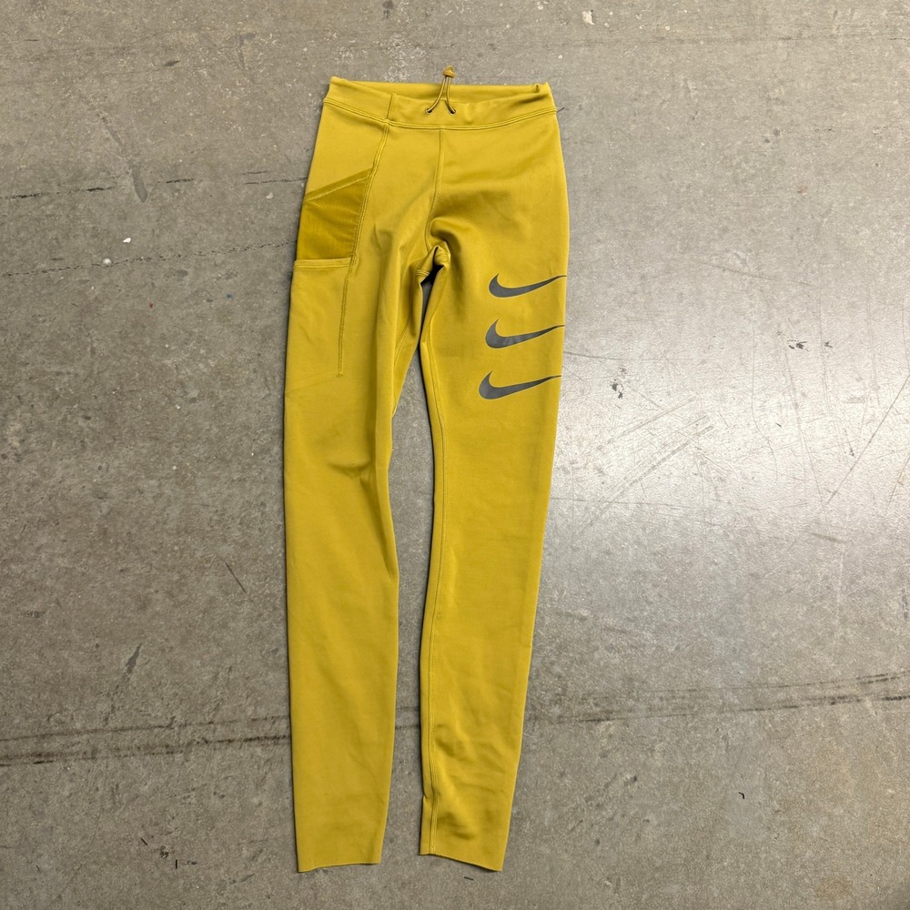 Nike Dri-FIT Womens XS Mustard Yellow Triple Swoosh Running Leggings Tights 2232